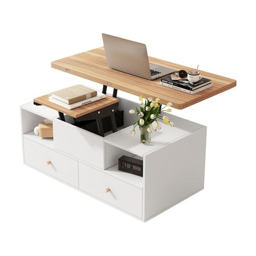 Table Basse Revelable 100x50x47.5-62 Cm Avec 4 Tiroirs, Compartiments Ouverts, En Mdf, Blanche