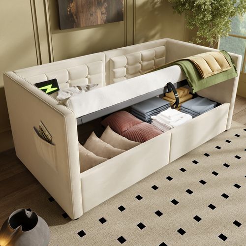 Lit Coffre 90x200 Cm Lit Enfant Avec Rangement, Prises USB-c, Sommier à Lattes, En Velours, Beige