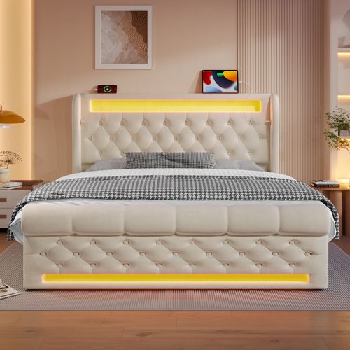 Lit Coffre Adulte 140x200 Cm Avec Rangement, Prises USB-c Et Éclairage LED, Velours, Beige