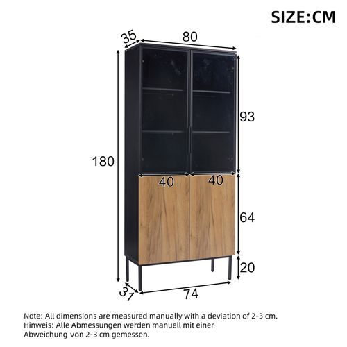Vitrine 74 X 31 X 180 Cm Avec 4 Portes, LED, 5 Niveaux, Noir Et Chêne