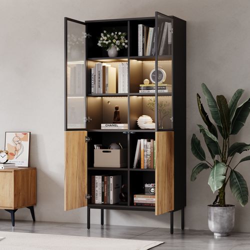 Vitrine 74 X 31 X 180 Cm Avec 4 Portes, LED, 5 Niveaux, Noir Et Chêne
