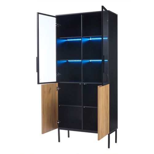 Vitrine 74 X 31 X 180 Cm Avec 4 Portes, LED, 5 Niveaux, Noir Et Chêne