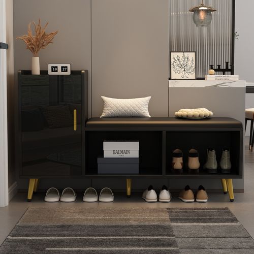 Meuble à Chaussures 120x35x71,5 Cm Avec 1 Porte, Banc Rembourré, Rangements, Finition Laquée, Noir