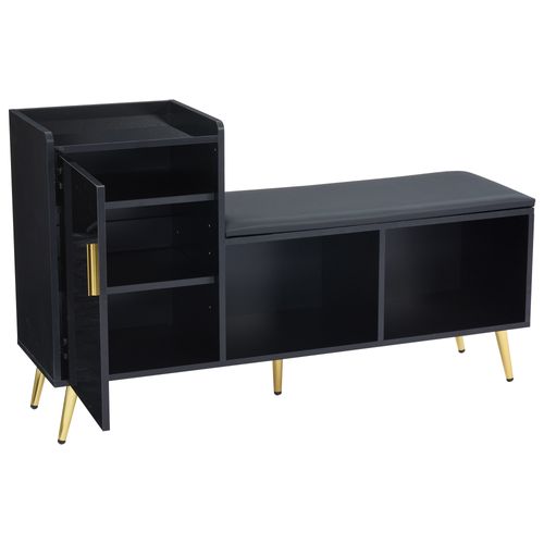 Meuble à Chaussures 120x35x71,5 Cm Avec 1 Porte, Banc Rembourré, Rangements, Finition Laquée, Noir