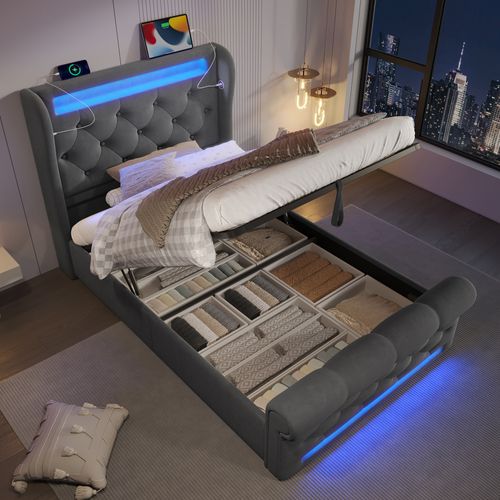 Lit Coffre Enfant 90x200 Cm Avec Rangement, Prises USB-c Et Éclairage LED, Velours, Gris