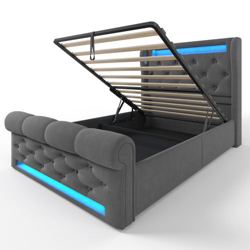 Lit Coffre Enfant 90x200 Cm Avec Rangement, Prises USB-c Et Éclairage LED, Velours, Gris