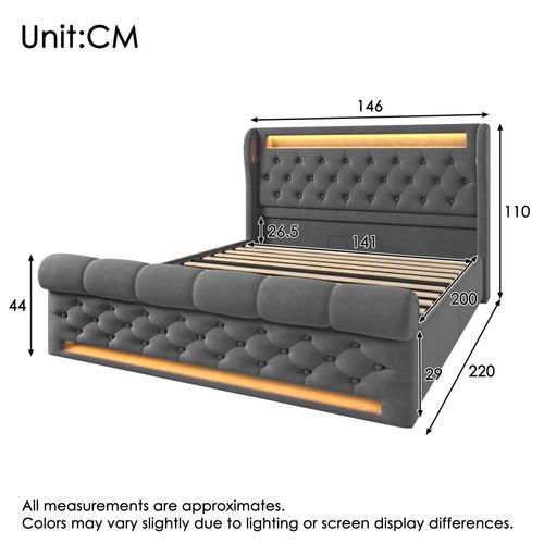 Lit Coffre Adulte 140x200 Cm Avec Rangement, Prises USB-c Et Éclairage LED, Velours, Gris