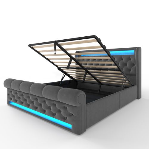 Lit Coffre Adulte 140x200 Cm Avec Rangement, Prises USB-c Et Éclairage LED, Velours, Gris