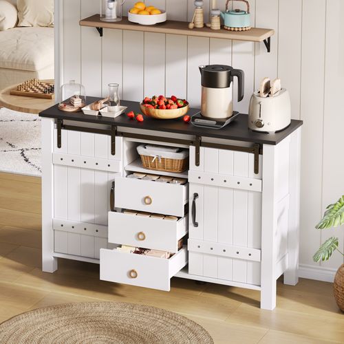 Buffet De Cuisine 120x40x80 Cm Avec 3 Tiroirs, 2 Portes Coulissantes, Rangement, En Mdf, Blanc