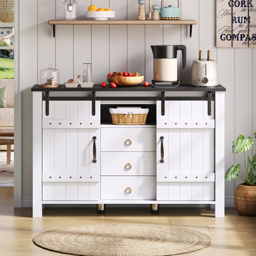 Buffet De Cuisine 120x40x80 Cm Avec 3 Tiroirs, 2 Portes Coulissantes, Rangement, En Mdf, Blanc