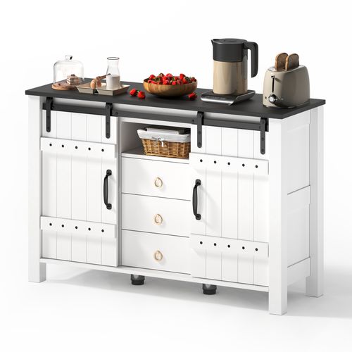 Buffet De Cuisine 120x40x80 Cm Avec 3 Tiroirs, 2 Portes Coulissantes, Rangement, En Mdf, Blanc