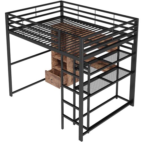 Lit Mezzanine 140x200cm, Avec Éclairage LED, Bureau, 1 Tiroir, Étagère, Structure En Fer, Noir