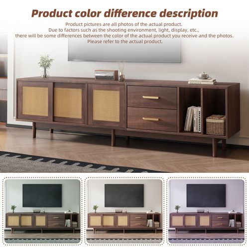 Meuble TV 190cm Avec 3 Portes En Rotin 2 Tiroirs Mdf Marron, Pour Téléviseurs 75"