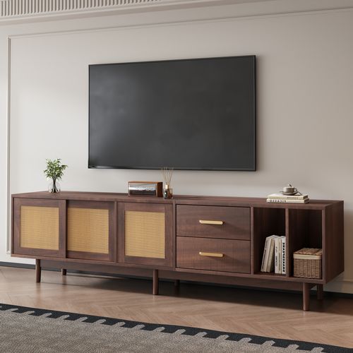 Meuble TV 190cm Avec 3 Portes En Rotin 2 Tiroirs Mdf Marron, Pour Téléviseurs 75"