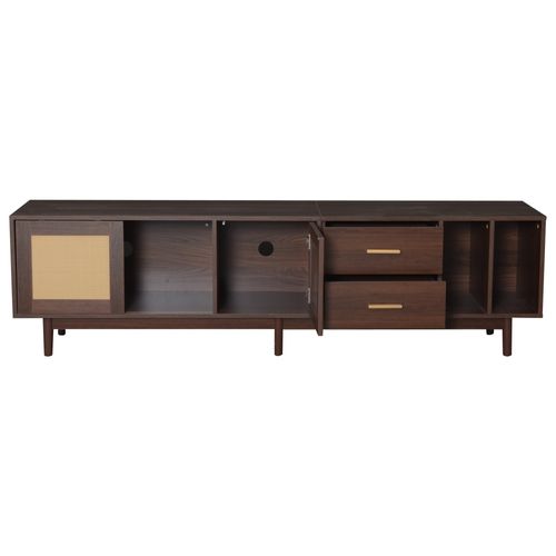 Meuble TV 190cm Avec 3 Portes En Rotin 2 Tiroirs Mdf Marron, Pour Téléviseurs 75"
