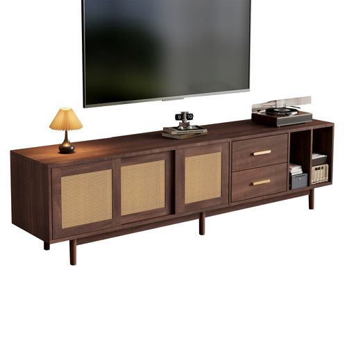Meuble TV 190cm Avec 3 Portes En Rotin 2 Tiroirs Mdf Marron, Pour Téléviseurs 75"