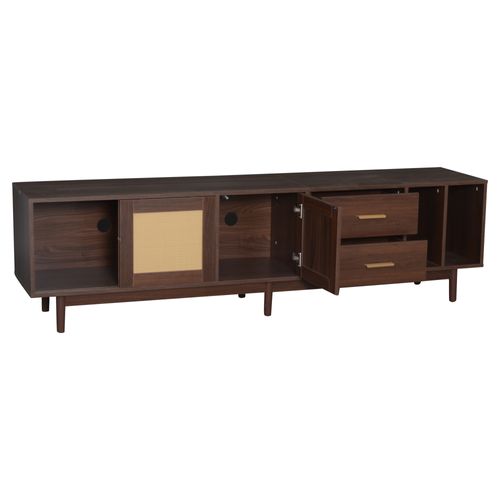 Meuble TV 190cm Avec 3 Portes En Rotin 2 Tiroirs Mdf Marron, Pour Téléviseurs 75"