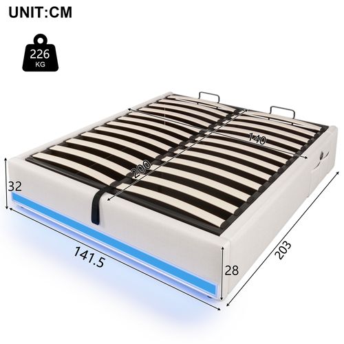 Lit Coffre Lit Adulte 140 X 200 Cm, Lit Double Avec LED, USB Et Type-c, Lin, Beige