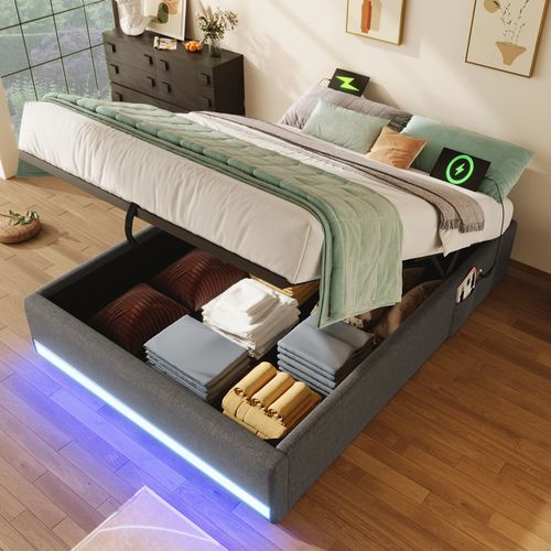 Lit Coffre Lit Enfant 90 X 200 Cm, Lit Simple Avec LED, USB Et Type-c, Lin, Gris