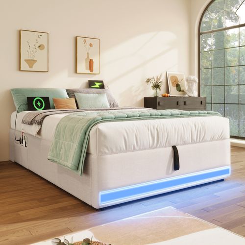 Lit Coffre Lit Enfant 90 X 200 Cm, Lit Simple Avec LED, USB Et Type-c, Lin, Beige