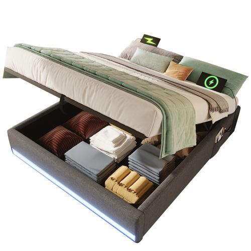 Lit Coffre Lit Adulte 140 X 200 Cm, Lit Double Avec LED, USB Et Type-c, Lin, Gris
