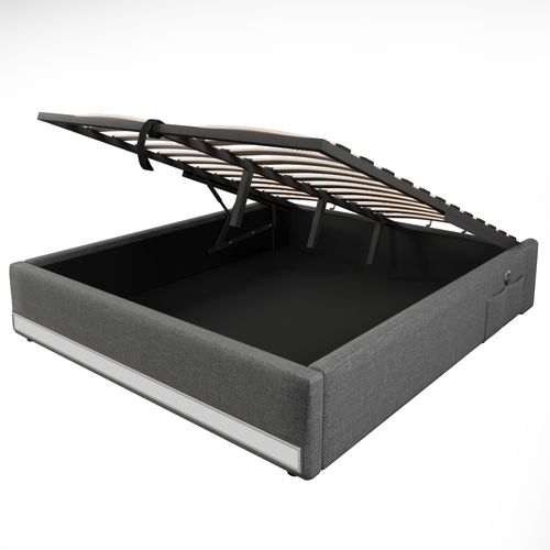 Lit Coffre Lit Adulte 140 X 200 Cm, Lit Double Avec LED, USB Et Type-c, Lin, Gris
