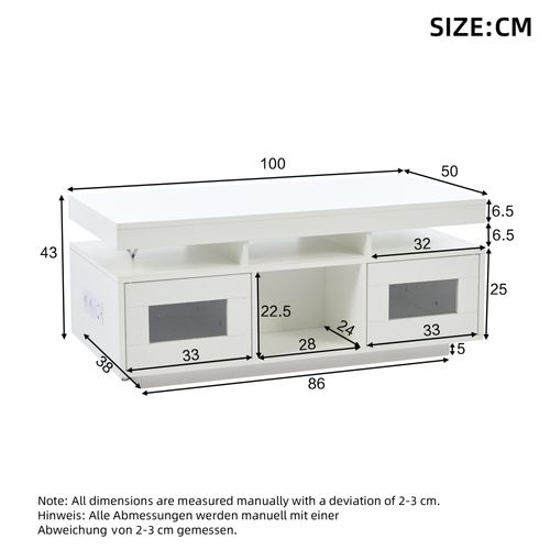 Table Basse Avec 2 Portes, Rangement, Armoires, Compartiment Ouvert, LED, Prise Électrique, Blanc