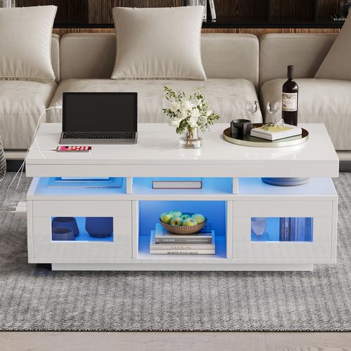 Table Basse Avec 2 Portes, Rangement, Armoires, Compartiment Ouvert, LED, Prise Électrique, Blanc