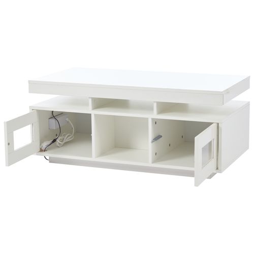 Table Basse Avec 2 Portes, Rangement, Armoires, Compartiment Ouvert, LED, Prise Électrique, Blanc