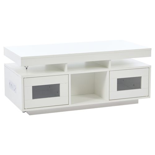 Table Basse Avec 2 Portes, Rangement, Armoires, Compartiment Ouvert, LED, Prise Électrique, Blanc