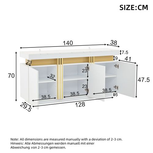 Buffet 140 X 38 X 70 Cm Avec 3 Portes, Plateaux Réglables, Motif De Marbre, Blanc