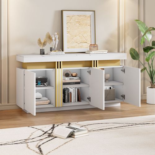 Buffet 140 X 38 X 70 Cm Avec 3 Portes, Plateaux Réglables, Motif De Marbre, Blanc