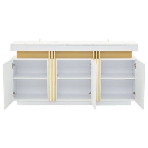 Buffet 140 X 38 X 70 Cm Avec 3 Portes, Plateaux Réglables, Motif De Marbre, Blanc