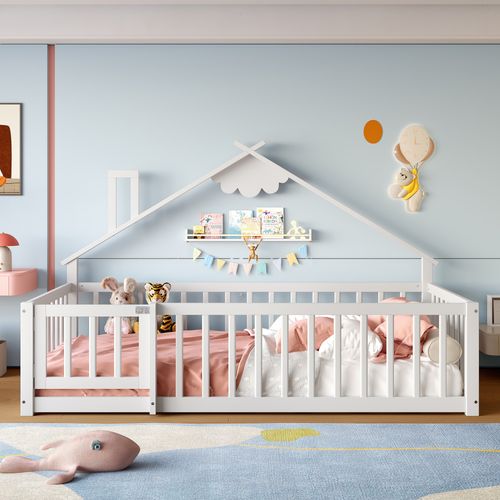 Lit Cabane Enfant 90 X 190 Cm Avec Barrières De Sécurité Verrouillables, En Pin, Blanc