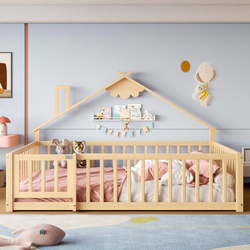 Lit Cabane 140 X 190 Cm Avec Barrières De Sécurité Verrouillables, En Pin, Couleur Bois