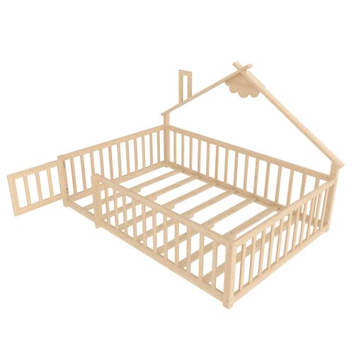 Lit Cabane 140 X 190 Cm Avec Barrières De Sécurité Verrouillables, En Pin, Couleur Bois