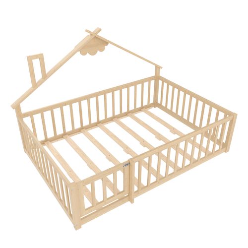 Lit Cabane 140 X 190 Cm Avec Barrières De Sécurité Verrouillables, En Pin, Couleur Bois