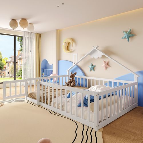 Lit Cabane 140 X 190 Cm Avec Barrières De Sécurité Verrouillables, En Pin, Blanc