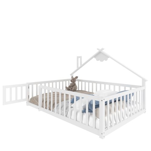 Lit Cabane 140 X 190 Cm Avec Barrières De Sécurité Verrouillables, En Pin, Blanc