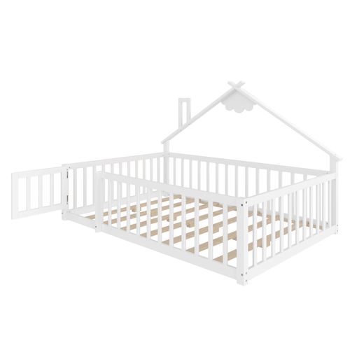 Lit Cabane 140 X 190 Cm Avec Barrières De Sécurité Verrouillables, En Pin, Blanc