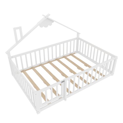 Lit Cabane 140 X 190 Cm Avec Barrières De Sécurité Verrouillables, En Pin, Blanc