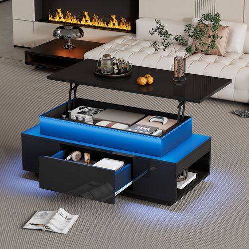 Table Basse Relevable 96x45x40-55 Cm Avec 1 Tiroir, Rangement, LED, En Panneaux Particules, Noire