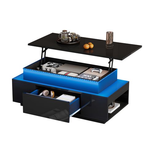 Table Basse Relevable 96x45x40-55 Cm Avec 1 Tiroir, Rangement, LED, En Panneaux Particules, Noire