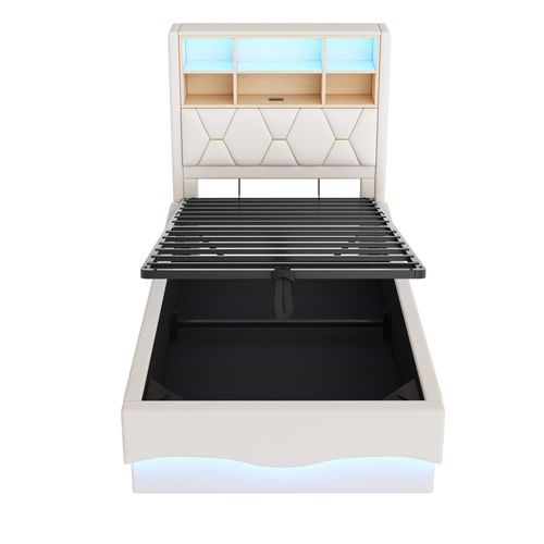 Lit Enfant 90x200cm Avec Rangement Hydraulique, LED, Port USB, Cadre En Métal, Lin, Beige