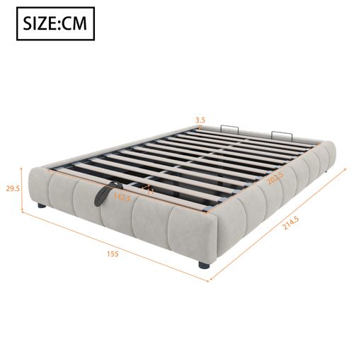 Lit Coffre Adulte 140x200 Cm Avec Rangement Et LED, Sans Tête De Lit, Flanelle, Beige