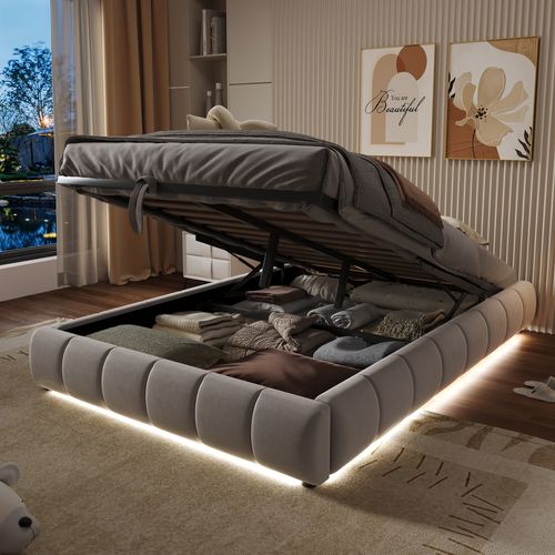 Lit Coffre Adulte 140x200 Cm Avec Rangement Et LED, Sans Tête De Lit, Flanelle, Beige