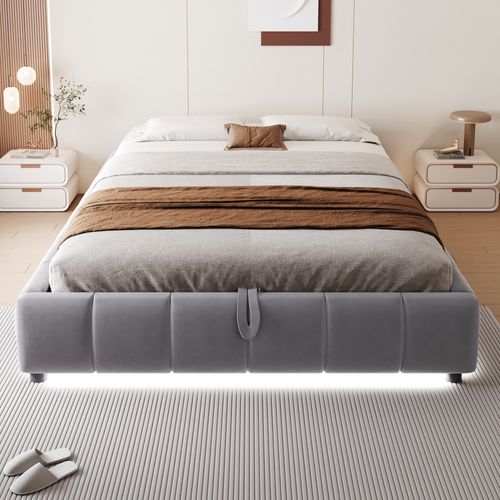 Lit Coffre Adulte 140x200 Cm Avec Rangement Et LED, Sans Tête De Lit, Flanelle, Gris