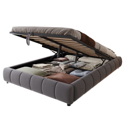 Lit Coffre Adulte 140x200 Cm Avec Rangement Et LED, Sans Tête De Lit, Flanelle, Gris