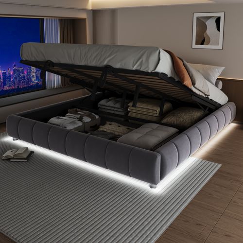Lit Coffre Adulte 180x200 Cm Avec Rangement Et LED, Sans Tête De Lit, Flanelle, Gris