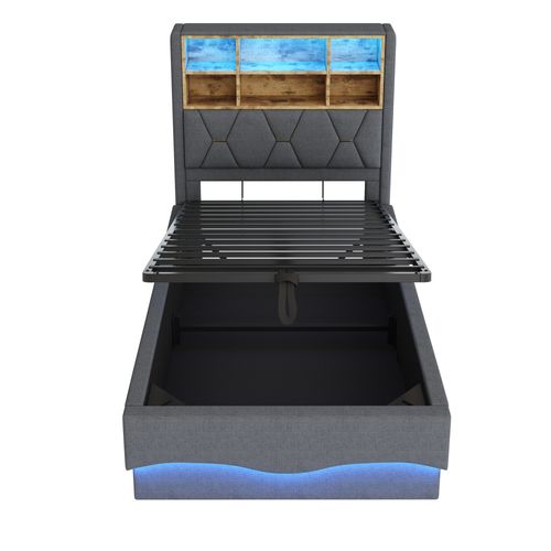 Lit Enfant 90x200cm Avec Rangement Hydraulique, LED, Port USB, Cadre En Métal, Lin, Gris